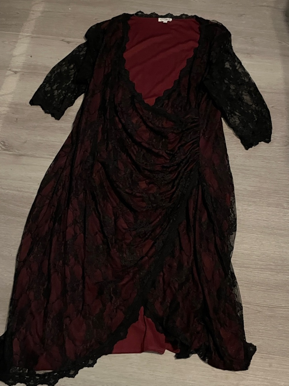 Kiyonna Burgundy Midi Dress with Black Lace Overlay - Picture 3 of 4